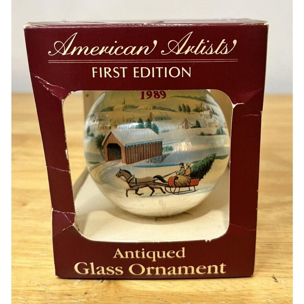 AMERICAN ARTISTS ANTIQUED GLASS CHRISTMAS ORNAMENT FIRST EDITION HORSE SLEIGH